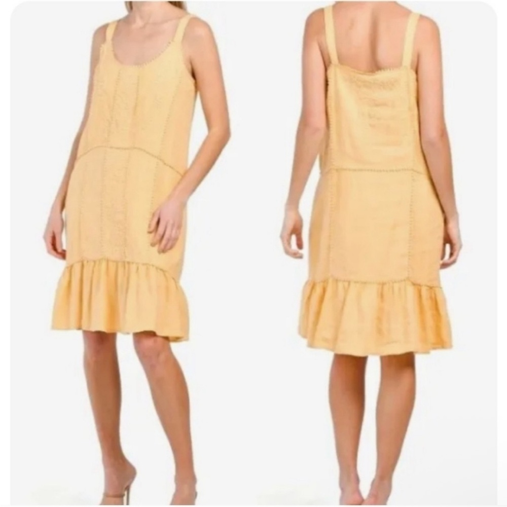 Magaschoni 100% Linen Boho Butter Yellow Embroidered Ruffle Sundress Size S
